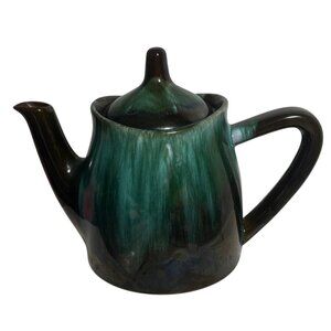Vintage Blue Mountain Pottery Teapot Green Drip Glaze Ceramic With Lid 6.25" Tal